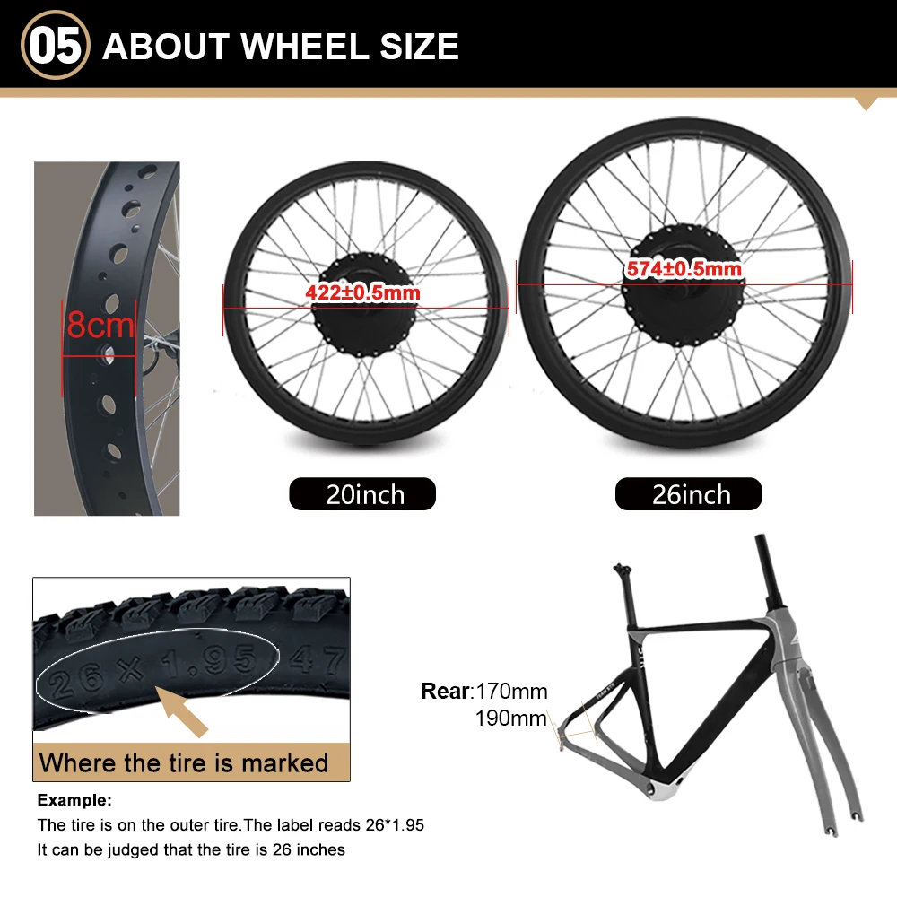 Fatbike-Snow Ebike Conversion Kit, 20”26“4.0 Tyre, Brushless Gear, Rear Rotate Hub, Wheel Dropout, 170mm, 190mm, 500W, 36V, 48V