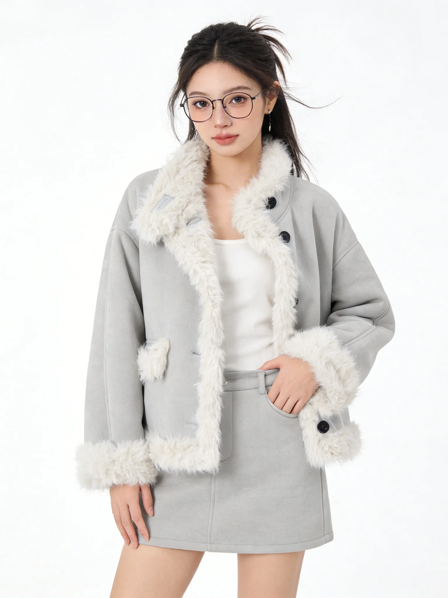 Koreańska kurtka ze stójką, niebieska, vintage, zamszowa, z podszewką z polaru, krótka, z futrem i skórą, ocieplana, luźna, bawełniana.