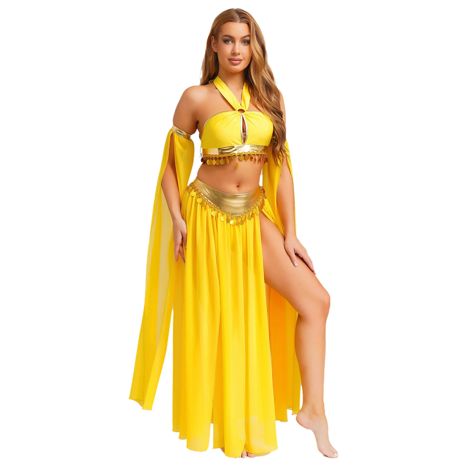 

Women Arabic Oriental Indian Gypsy Belly Dance Costume Halloween Outfits Front Sequins Hem Crop Top with Side Slit Chiffon Skirt