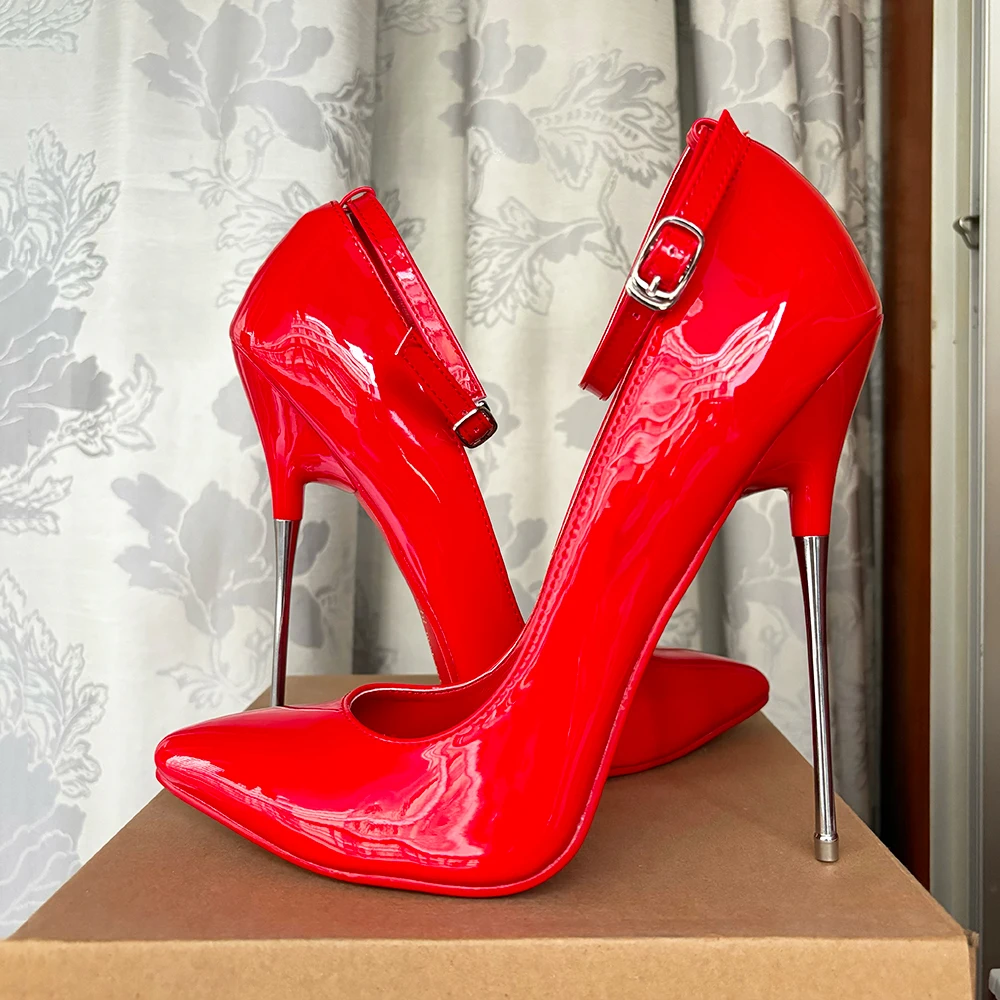 

Red 16cm Metal Ultra High Heels Stilettos Shiny Red Patent leather Sexy Women Fetish Ankle Strap Pumps Fetish Unisex Shoes