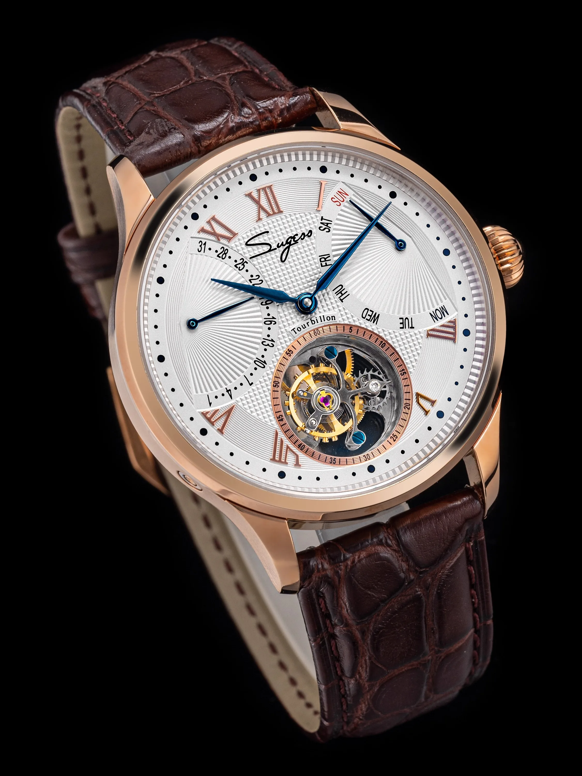 Suggs механизм 8004, автоматические механические мужские часы с турбийоном, подлинный календарь недели, модные мужские часы с турбийоном