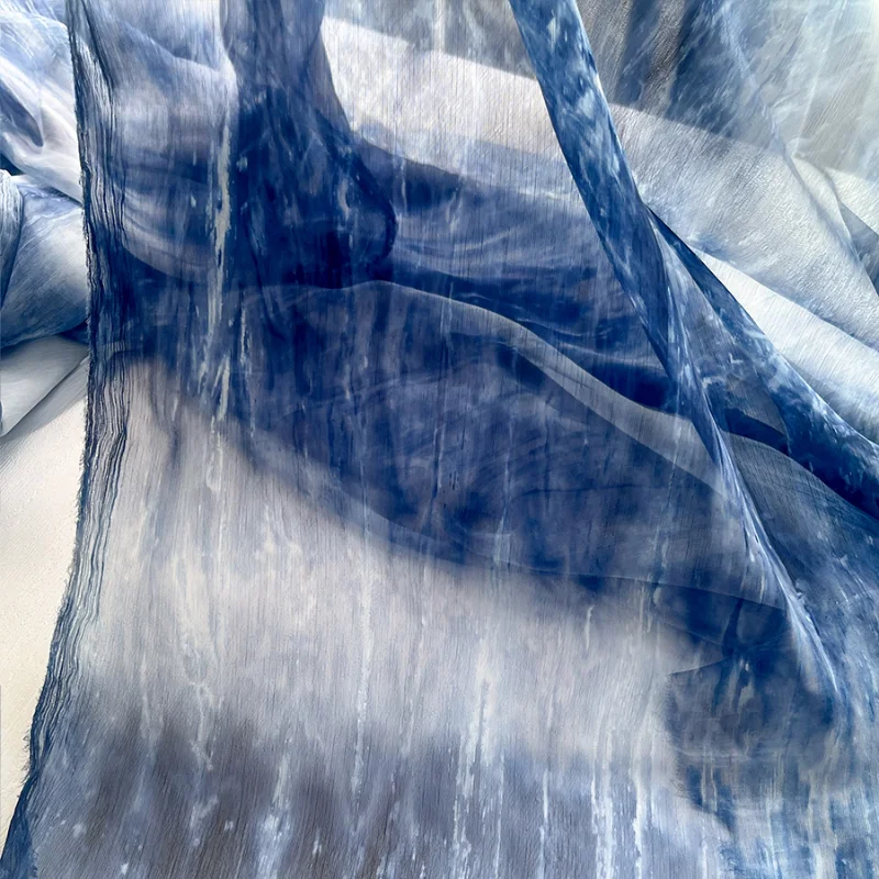 Blue Gradient Thin Mesh FabricTie Dye Artistic Style Cardigan Dress Clothing Designer Fabric Alibaba Express