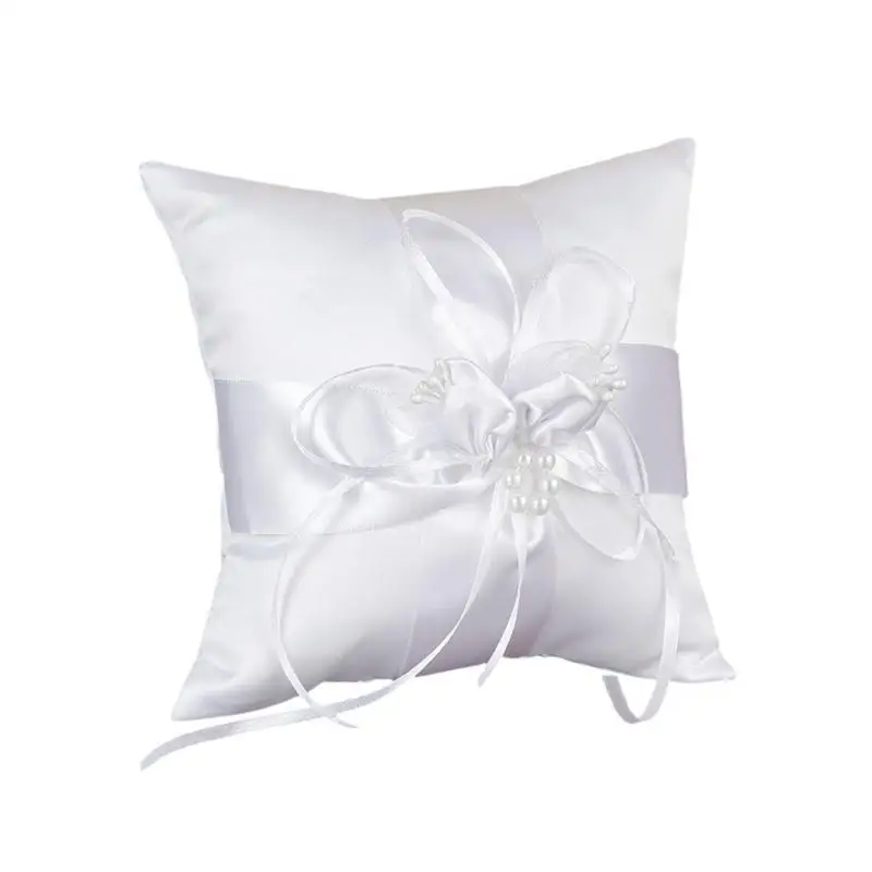A52E Comfortable Pearls Cushion Bows Rings Bearer Pillow for Rings Exchange Supply