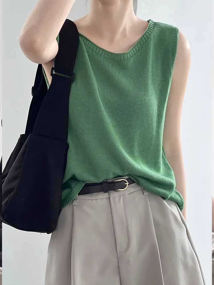 Gilet da donna con cinturino in lino Capispalla estivo Abbinamento interno Sciolto Svel Base lavorata a maglia irt Sottile ort Colore puro Pendolarismo...