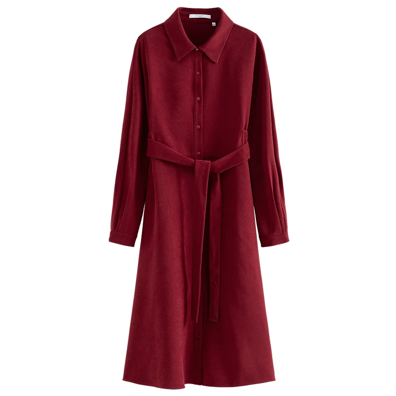 DUSHU Damen Winter gepolstertes Hemd-Stil rotes Kleid Pendler auffälliges langes A-Linien-Rock mit Schnürung an der Taille Damen mittellanges Kleid