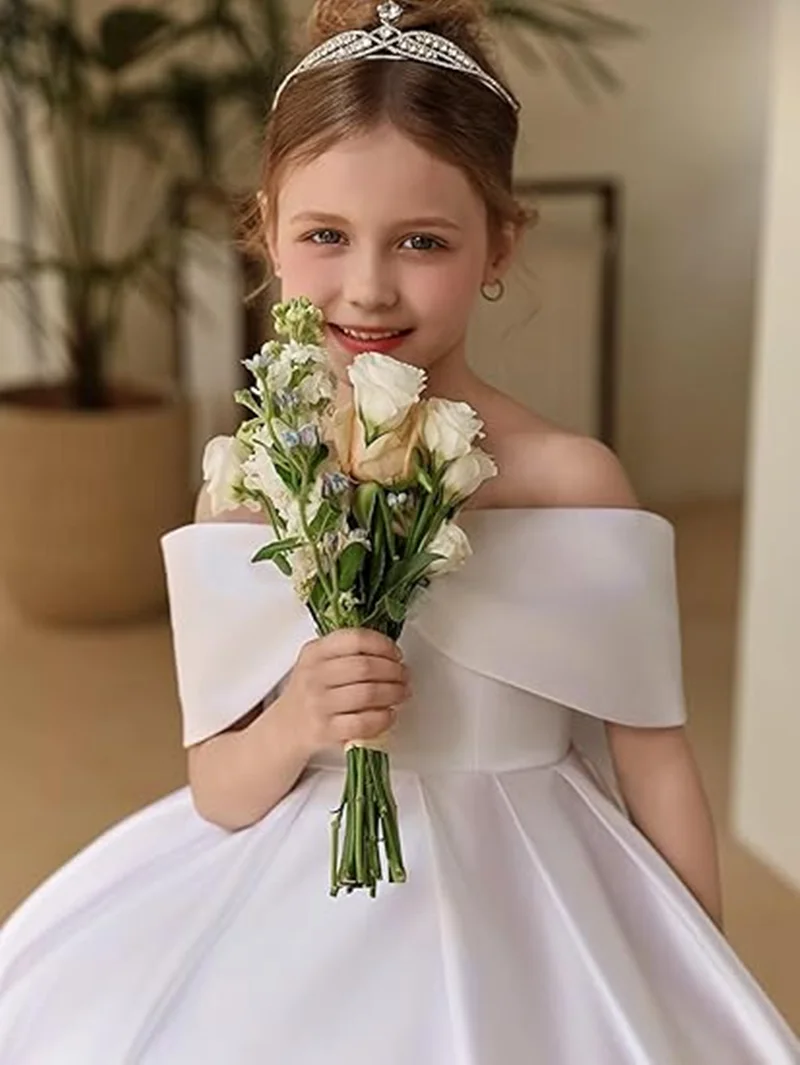 

Girls Off Shoulder Bow Neckline Satin Ball Gown Elegant Design For Formal Events Weddings Flower Girl Outfits Birthday Celebrati