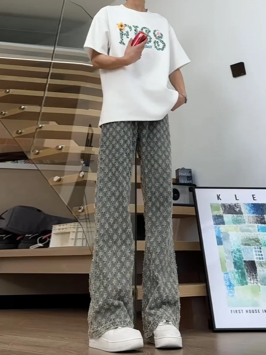 

Модные летние тонкие прямые джинсы с легким расклешением, мужские джинсовые брюки с цветочным принтом, американские ретро-брюки, длинные брюки