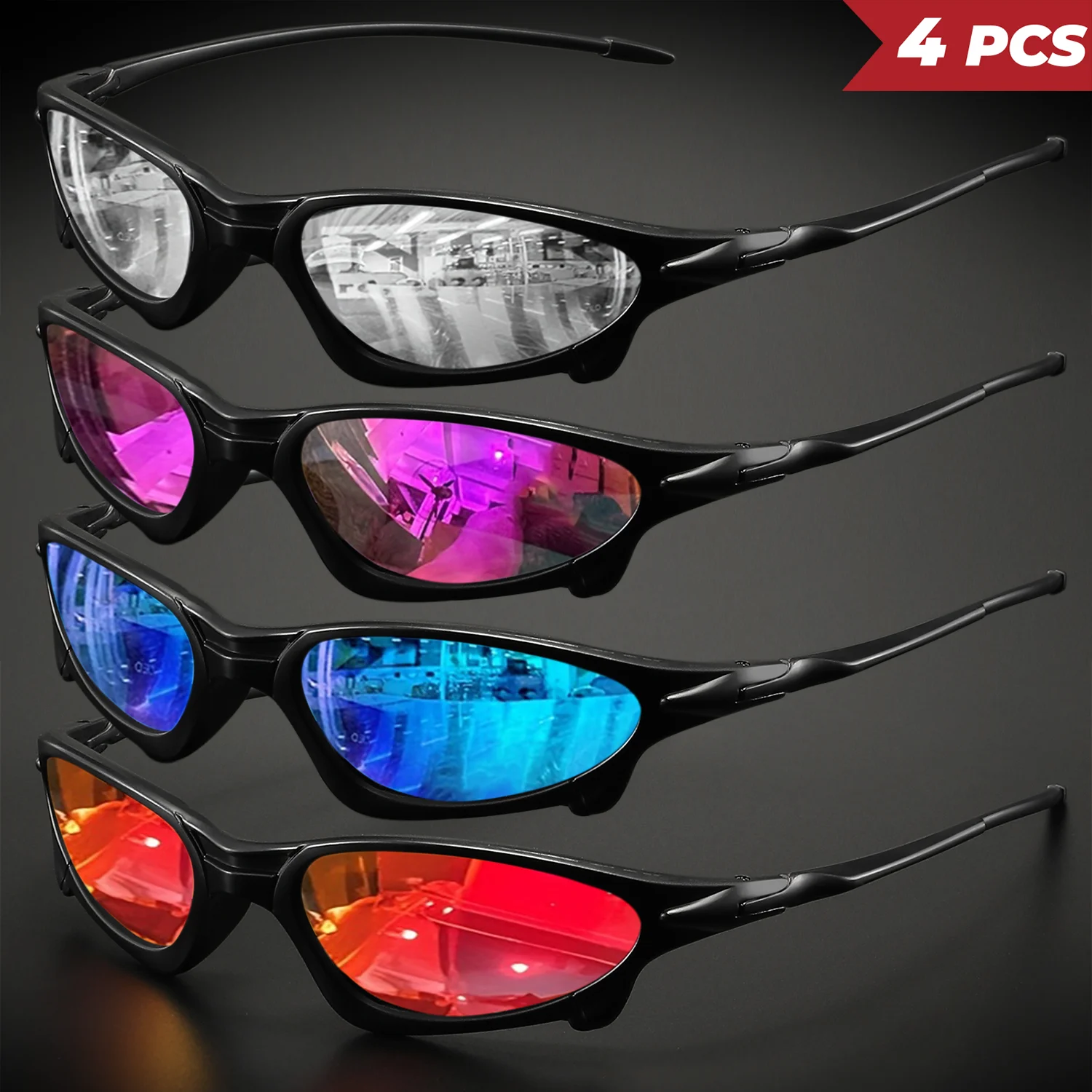 Lunettes de soleil de sport colorées à petite monture futuriste, 4 pièces, ajustement enveloppant, UV400 pour le cyclisme, la pêche et les voyages