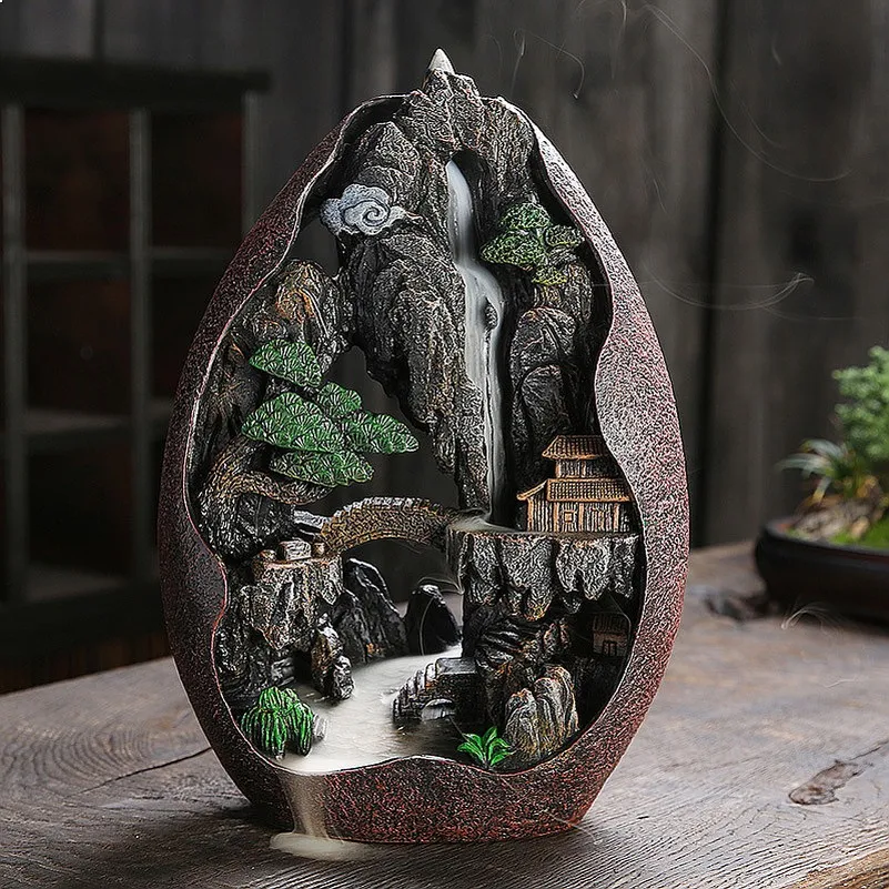 1pcSmoke Waterfall Backflow Incense Burner Creative Home Decor Incense Holder Portable Resin Censer Mountain River Handicraft