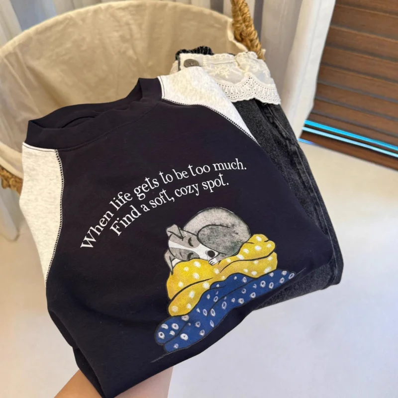 

Girls' Medium and Large Size Outfit2025Autumn Winter New Children's Stylish Loose Long Sleeve Base Shirt and Mid-Waist Jeans Two