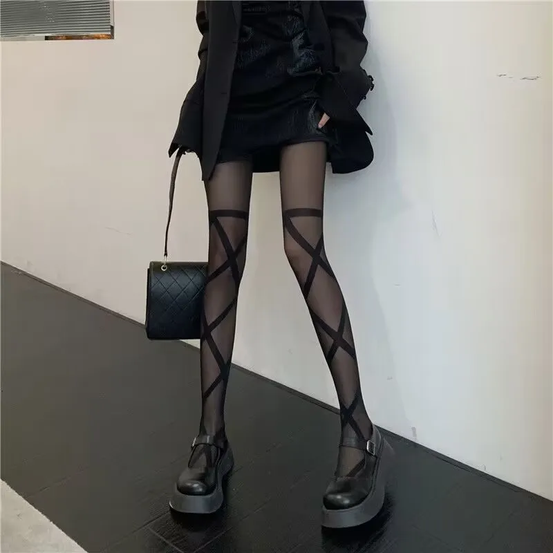 Women Stockings Sexy Tights Lingerie For Ladies Cross Tie Striped Black Stockings Mesh Long Socks Lace Lolita Pantyhose Hosiery