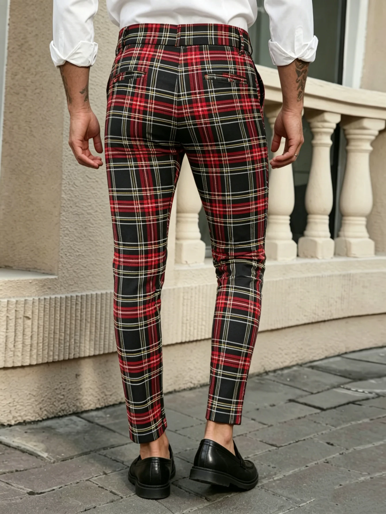 Mens British Tartan Plaid Slim Cropped Ankle Suit Trousers Soft Stretch Vintage Check Dress Pant Viscose Polyamide Spandex Blend