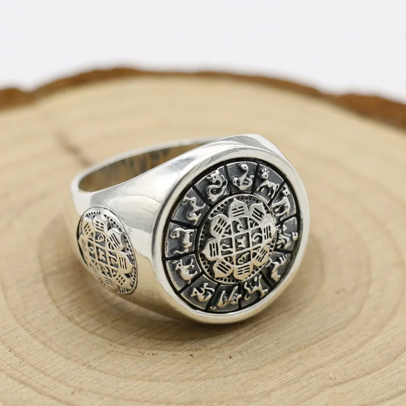 925 Sterling Silver Ring Wide Face Vintage Thai Silver Nine Palaces Eight Trigrams Twelve Zodiac Signs Rotating Index Finger Rin