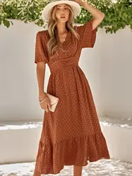 Print Dress for Women 2024 Summer Vintage Bohemian Maxi Dresses Female V-Neck Leisure Retro Long Vestido Women's Dresses Clothes