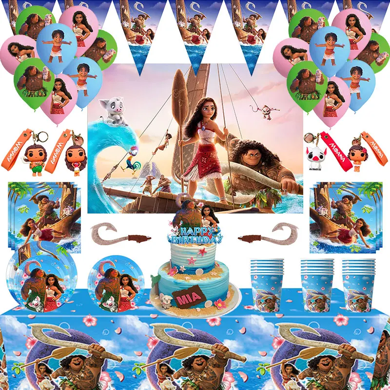 2024 Moana 2 Movie Theme Party Decorations Disposable Tableware Paper Napkin Banner Keychain Tablecloth Happy Birthday Cake Flag