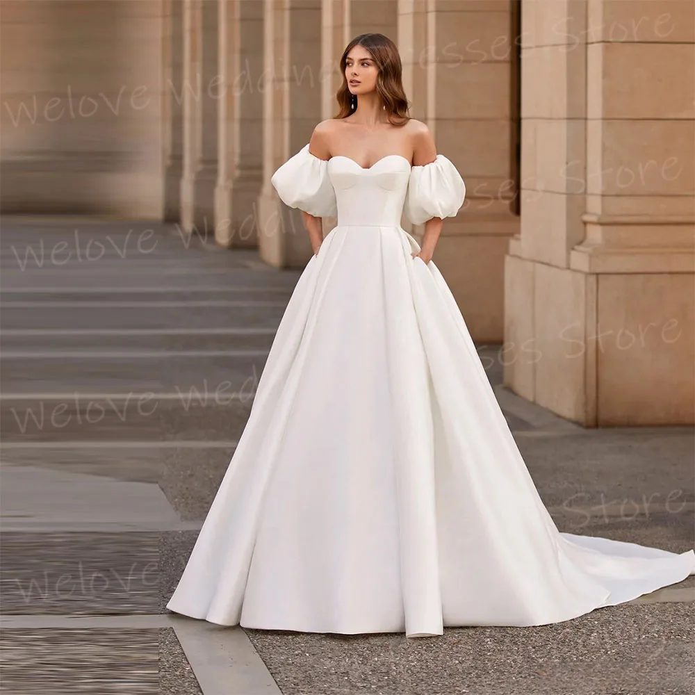Simple A Line Women\'s Wedding Dresses Sweetheart Customized Bride Gowns Short Sleeve Backless Satin Princess Vestidos De Novia