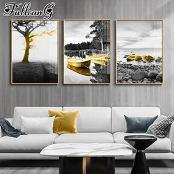 5D Diy diamond painting Yellow Umbrella Boat Full Mosaic Embroidery landscape Triptych Modern Home Decoration Picture AA3614