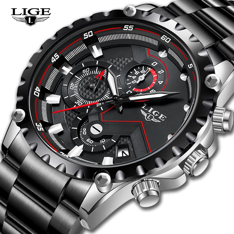 

LIGE Big Watches Men Luxury Brand Military Sport Men’s Wrist Watch Chronograph Quartz Waterproof Watch Full Steel Male Clock