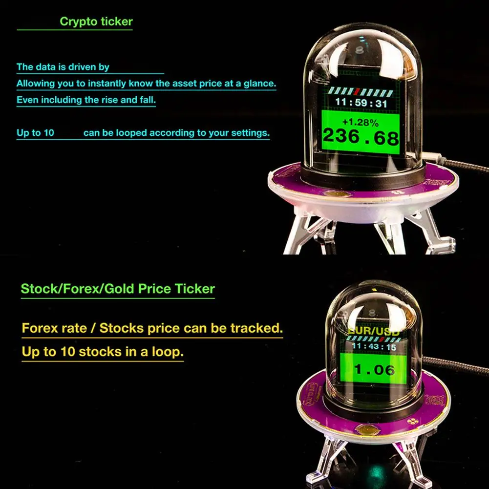 GeekMagic UFO Clock Creative Weather Stock Exchange Rate Clock Full Screen Dynamic Video Playback RGB Light Desktop Decoration