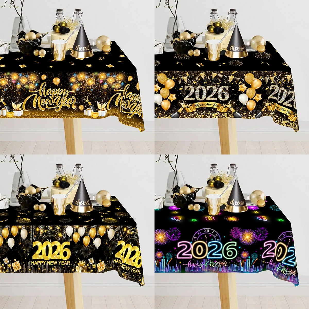 Black Gold New Year Disposable Tablecloth Happy New Year Party Decorations for Home 2026 Kitchen Dinning Plastic Table Cover