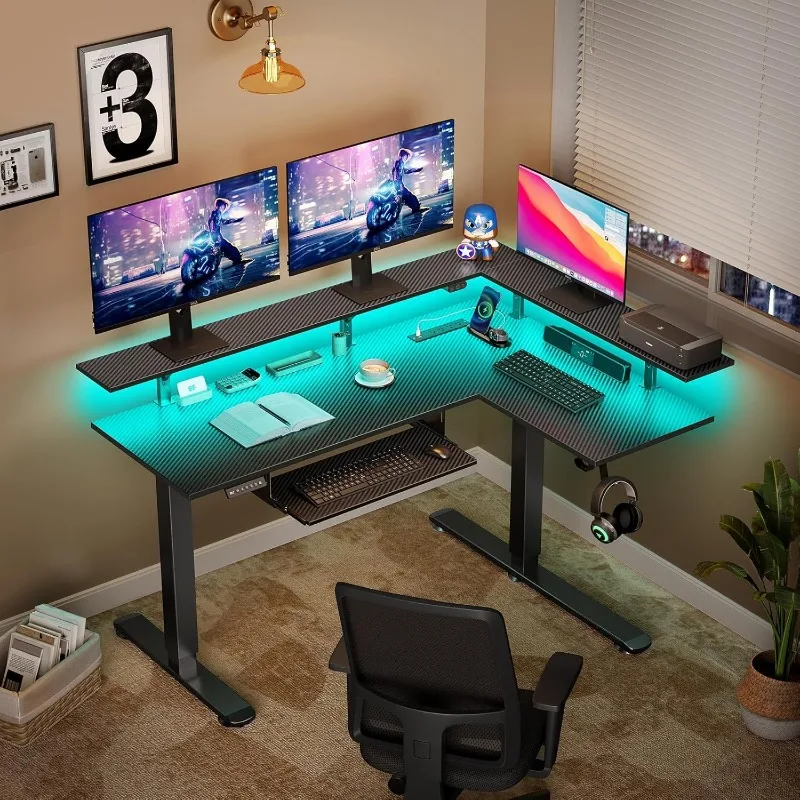 L Shaped Standing Desk with LED Light and Power Outlet, Dual Motor Height Adjustable Electric with Monitor Keyboard Tray