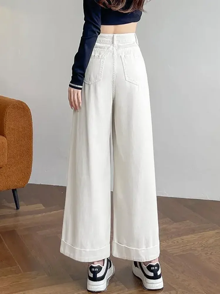 Pantalones vaqueros rectos holgados de moda coreana para mujer, pantalones vaqueros de pierna ancha informales de cintura alta, ropa de calle para primavera y otoño, Vaqueros holgados lisos nuevos