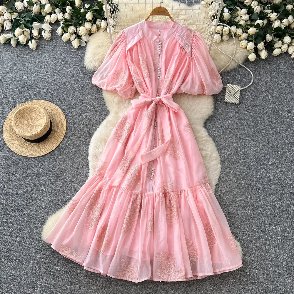 Summer French Lantern Sleeve Embroidered Dress for Women Fashionable Loose Strap Mesh A-line Temperament Party Long Dress S630