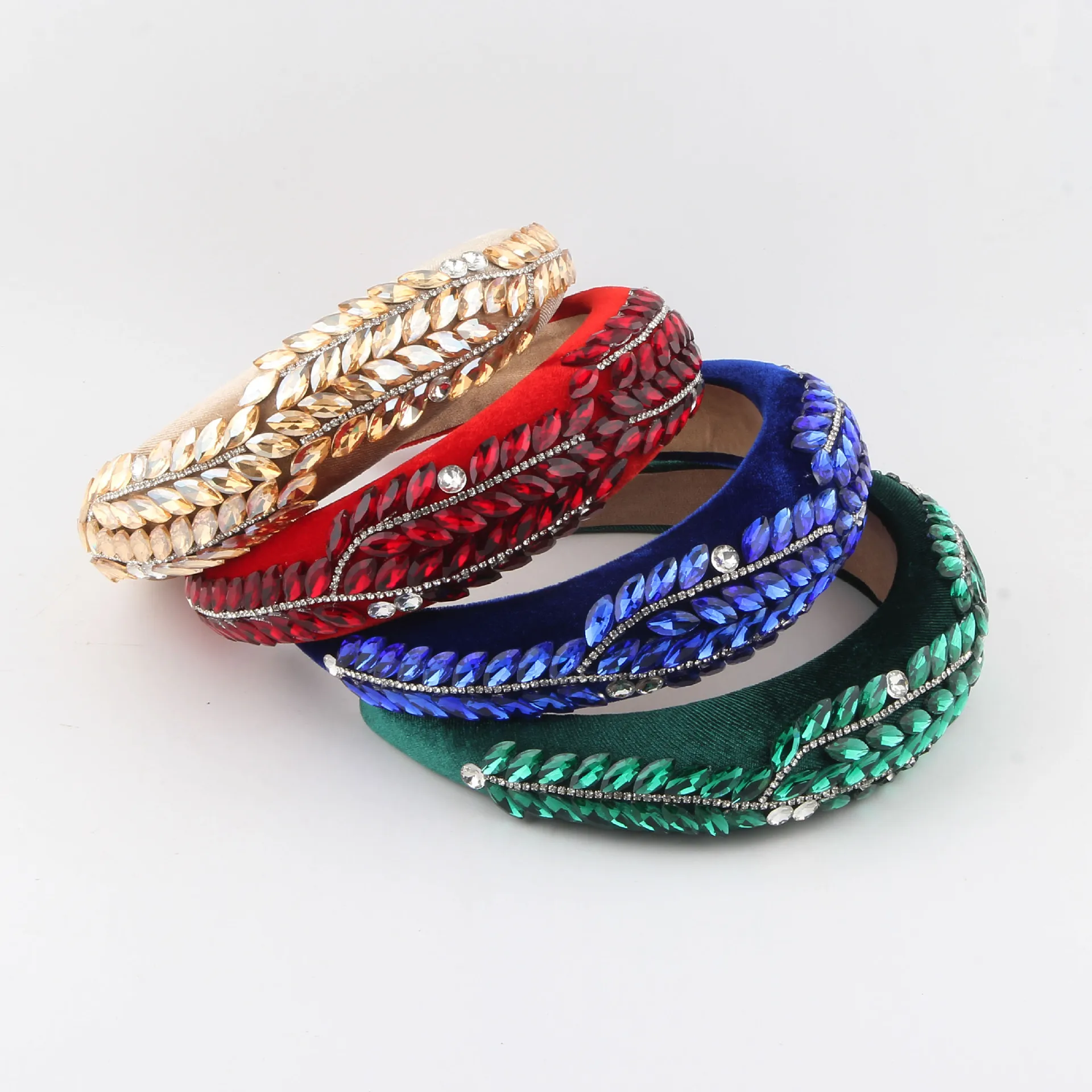 

New Baroque Retro Wide Edge Colorful Glass Rhinestone Leaf Headband for Women