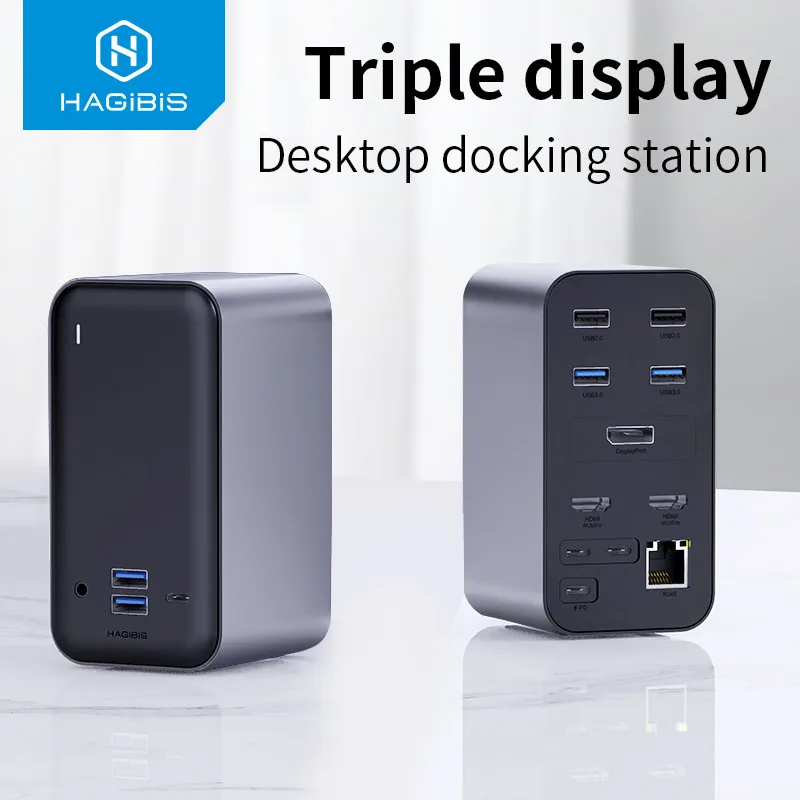 Hagibis USB C Docking Station Triple display Type C to 4K HDMI-compatible VGA DP USB 3.0 HUB RJ45 3.5mm PD for PC Windows MacOS