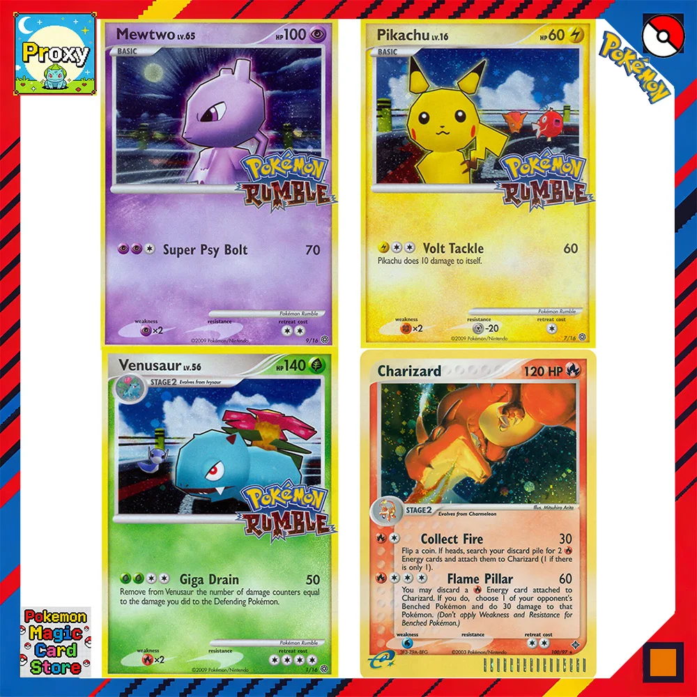 

Набор коллекционных карт Pokemon Proxy /4 шт. Фольгированные карты Starry Sky Flash Rumble (RM) Dragon (DR) Pikachu lv.16 Mewtwo Venusaur для PTCG