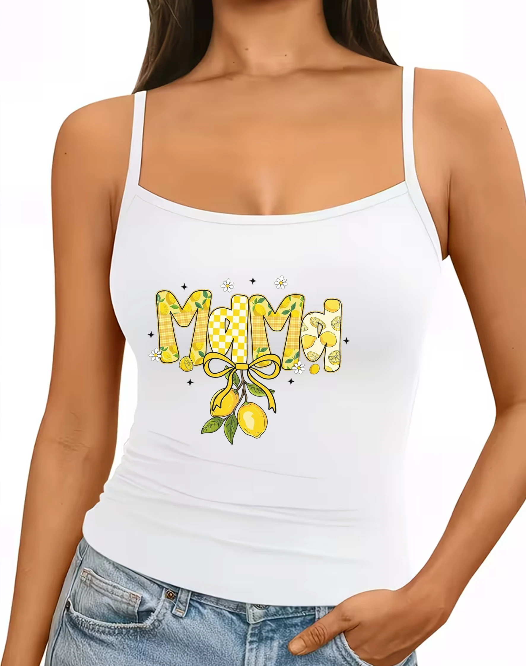 Streetwear MAMA Slogan Cami Top Womens Summer Spaghetti Strap Casual Slender Tank Blouse with Fresh Lemon Bowknot Graphic