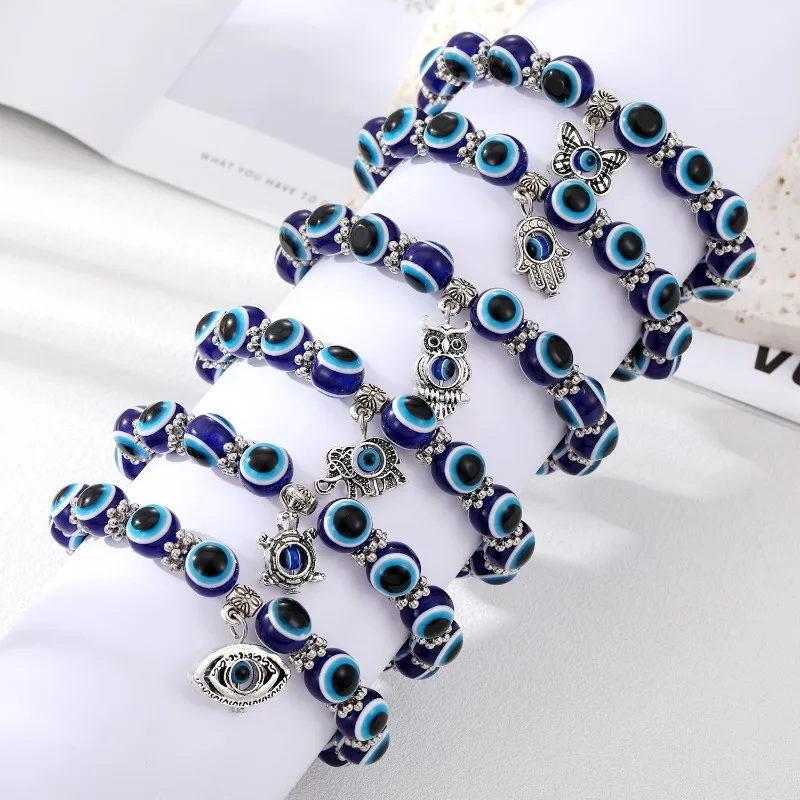 15pcs/lot Blue Evil Eyes Fatima Palm Elephant Pendant Bracelet Elastic Rope Chain Resin Beads Bracelet For Women Jewelry Gift