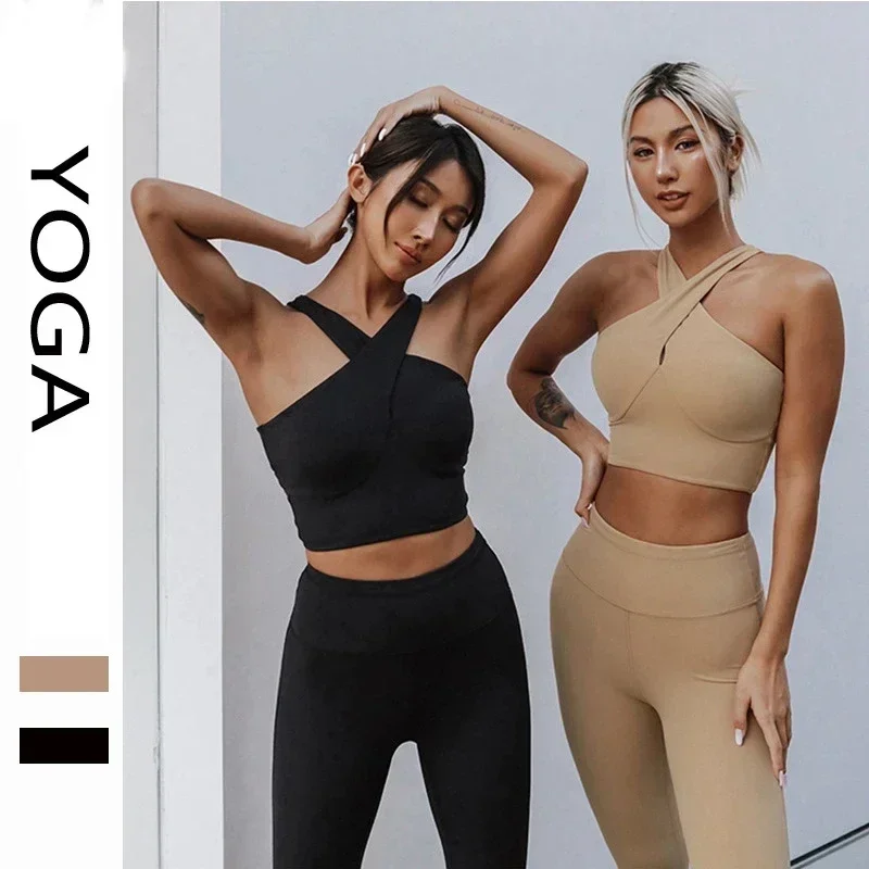 Camiseta sin mangas de Yoga a prueba de golpes, sujetador con cuello cruzado y pantalones de entrenamiento de levantamiento de cadera, conjunto de Fitness para Yoga