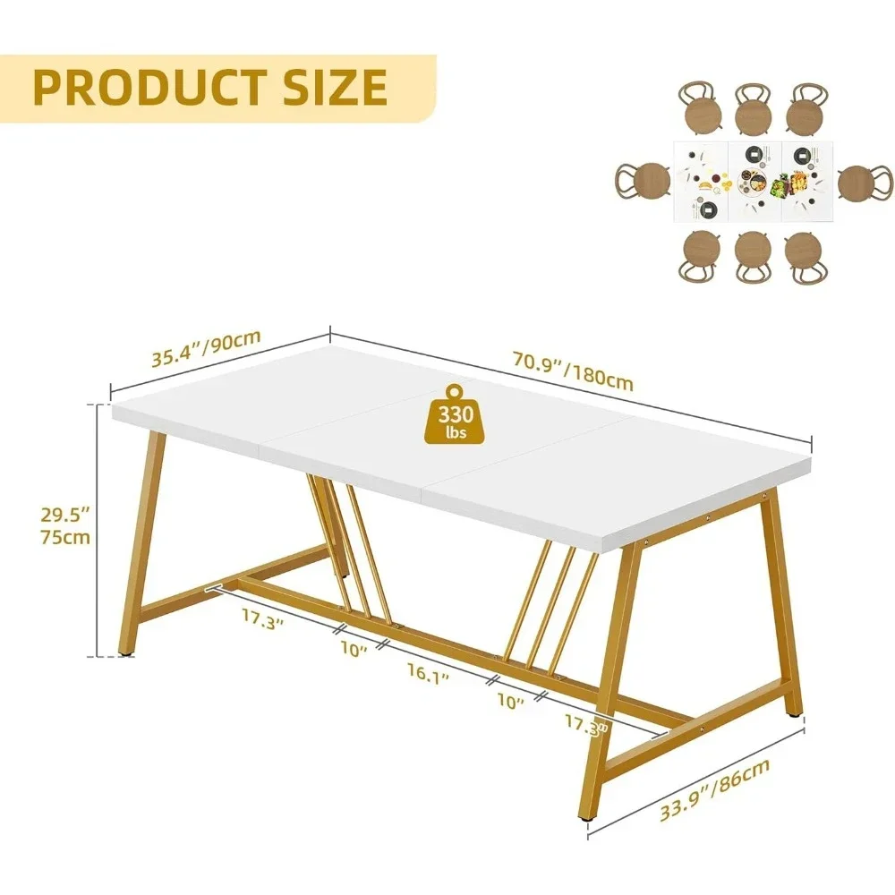 Rectangular White Kitchen Dining Room Table With Gold Geometric Metal Legs 70.9‘’ Large Modern Dining Table for 6-8 People Home