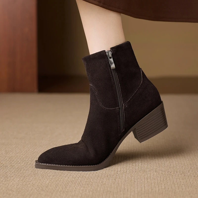 Cow Suede Women Western Boots Black Brown Khaki Mid Block Heels Back Zipper Pointed Toe Retro Ladies Autumn Winter Ankle Boots