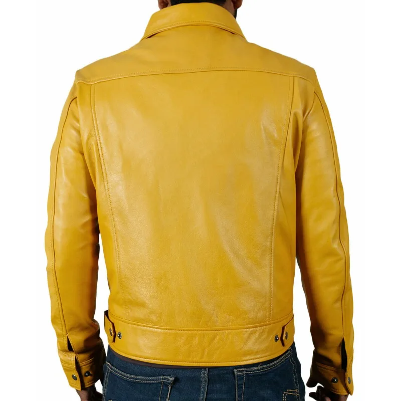 Men's Yellow Premium Jacket Authentic Sheepskin Leather Casual Motorcycle Jacket European and American Fashion Trends