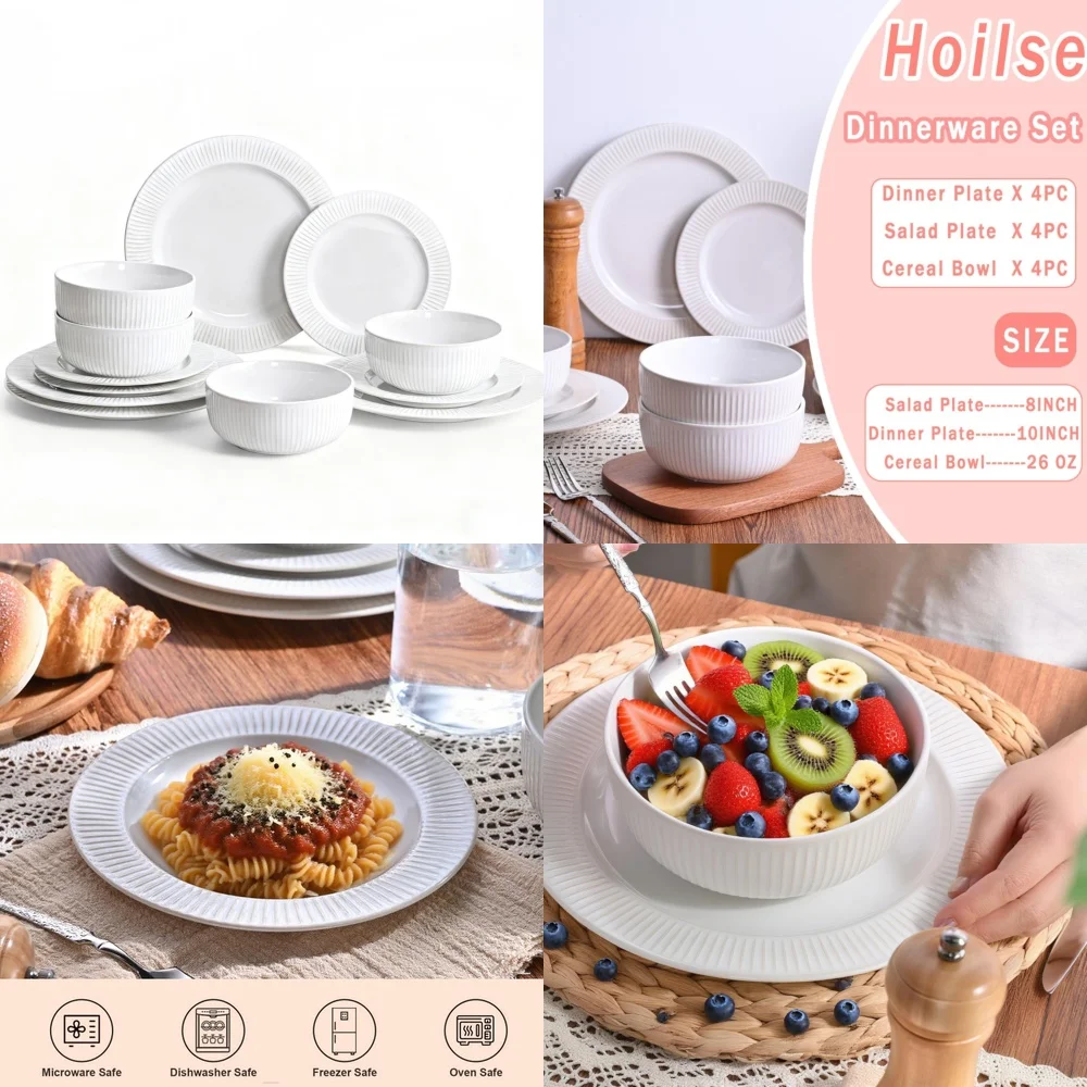 

Ceramic Tableware Set12 Piece Ceramic Dinnerware Set for 4 Stoneware Plates Bowls Microwave Safe Modern Tableware Collection