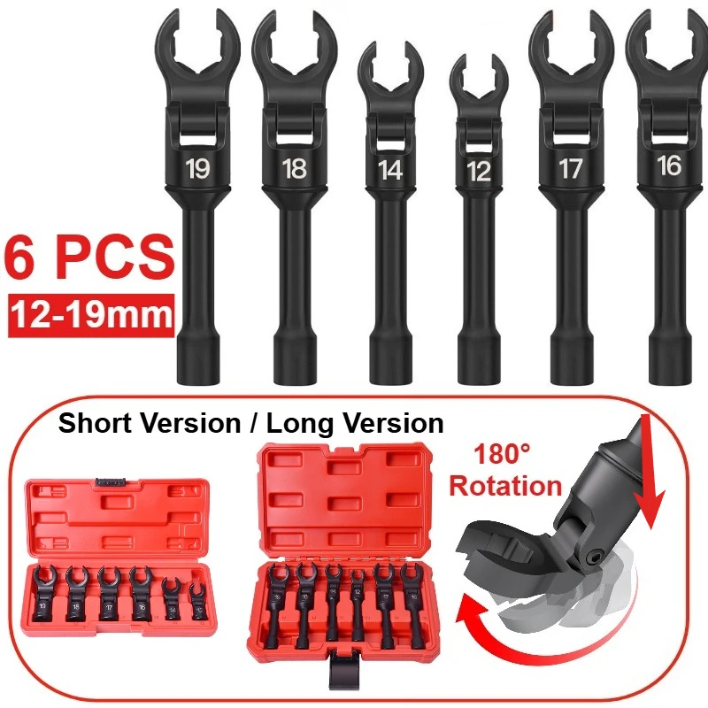 

6pc Flex Head Crows Foot Line Wrench Set with Storage Box 3/8" Drive for 12-19mm Nuts Diesel Injector Fuel Line Sockets Wrench