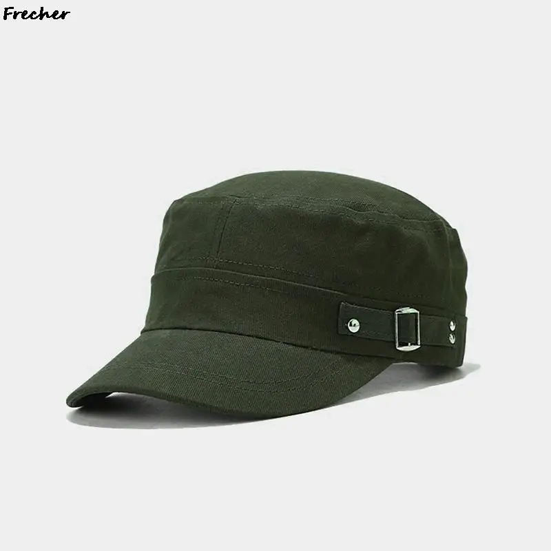 Vintage Cotton Cadet Hat Breathable Flat Top Sun Hats Men Women Metal Buckle Snapback Caps Outdoor Military Army Visors Cap New