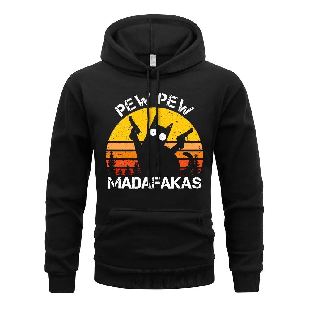 Pew Pew Madafakas Cat With Two Guns Printing Hoodie Men Funny Cats Hoodies Oversize Loose Pullover Fashion Hoody Street Clothing