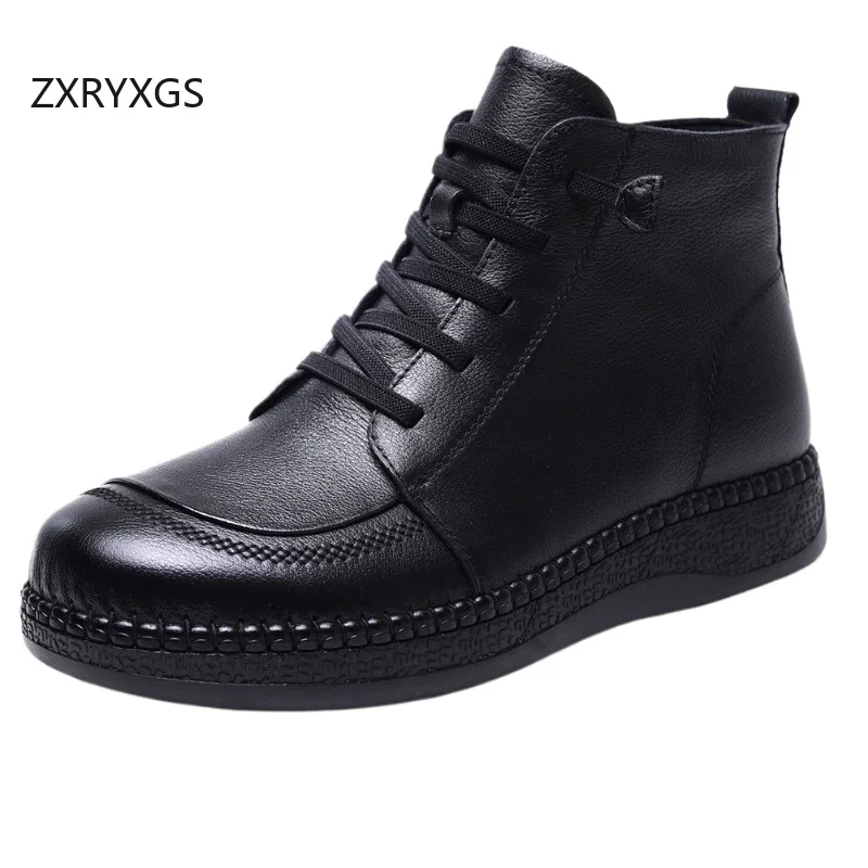 ZXRYXGS Top Cowhide Single Ankle Boots Trend Shoes 2026 Large Size Autumn Winter Boots Flat Comfortable Women Real Leather Boots