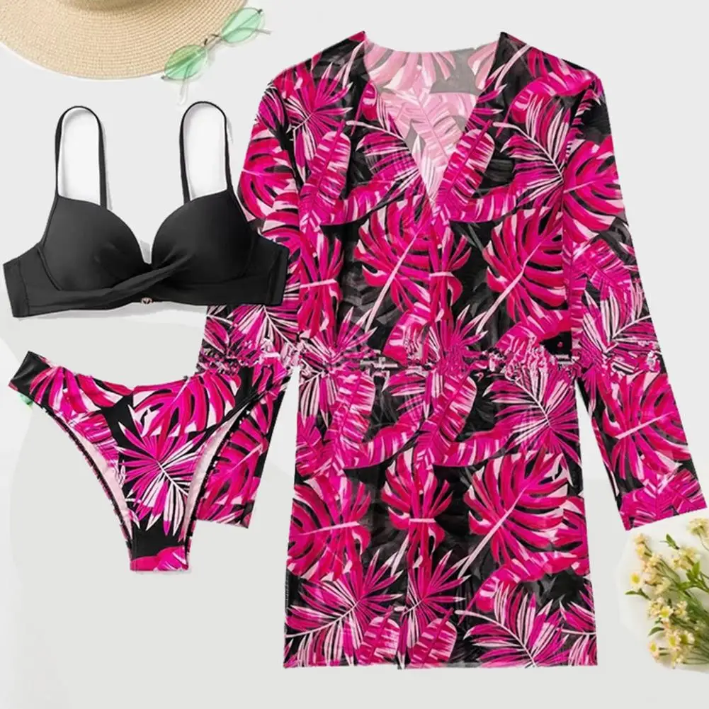 Women Three-piece Swimsuit Three Pieces Swimwear Floral Print Three-piece Bikini Set with High Waist Long Sleeve for Women