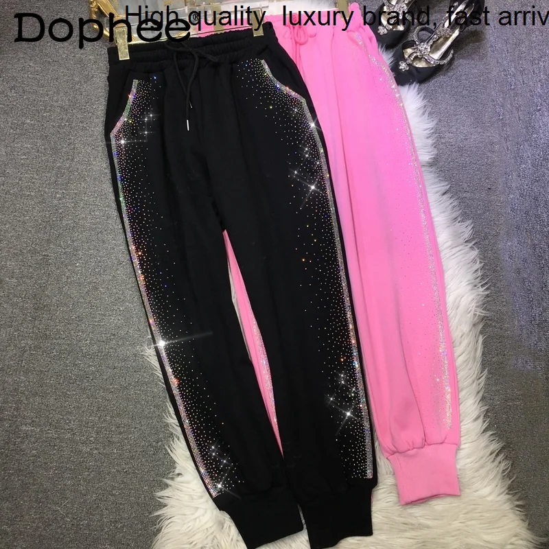 

Elastic Hot Drilling Waist Pink Casual Sports Female Fleece Thick Sweat Women Hoodie Pants 2023 Fall Winter Trousers