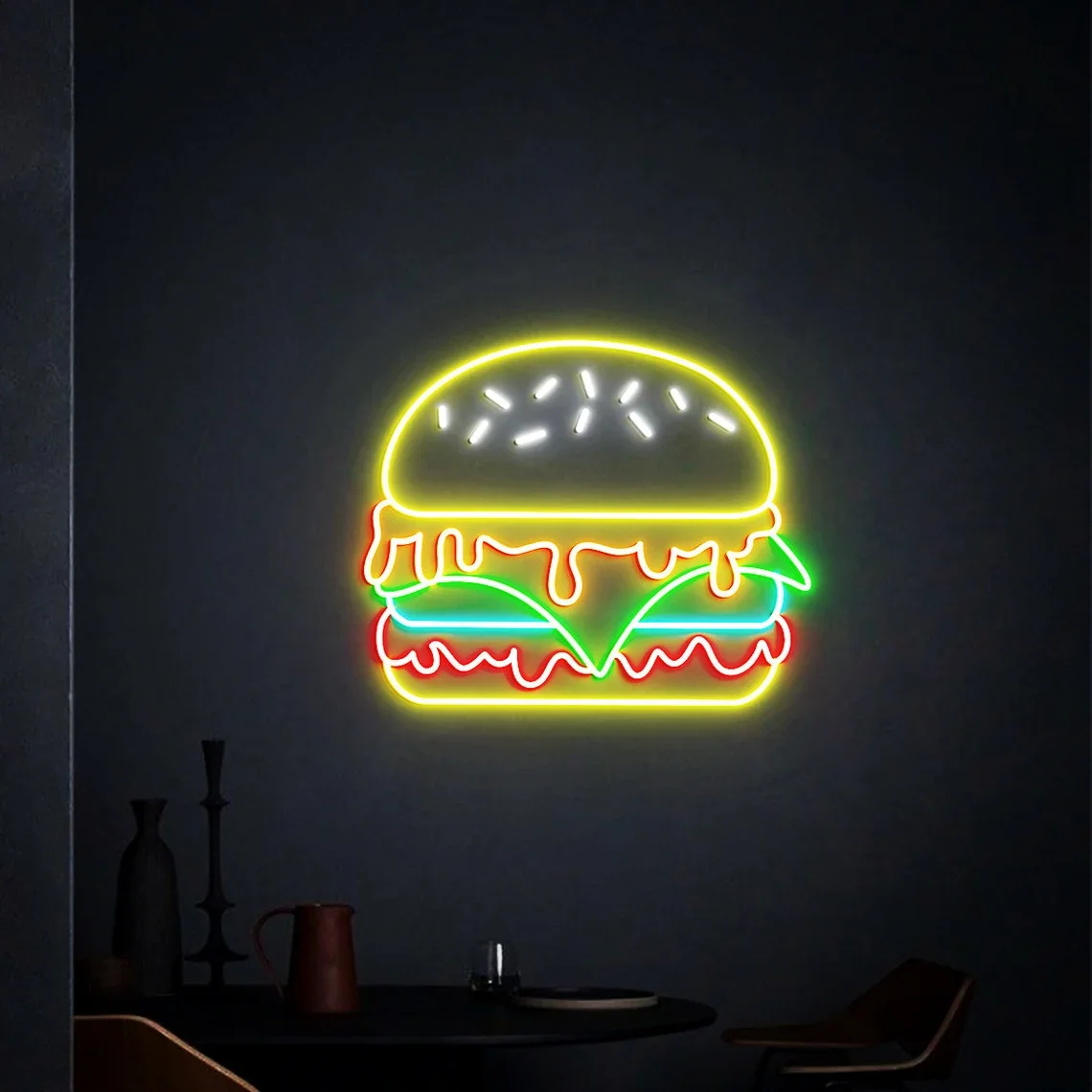 Burger Neon Sign Food Burger Shop Restaurant Wall Art Hanging Game Room Bar Beer Sign Business Store LED Lights Acrylic Bedroom