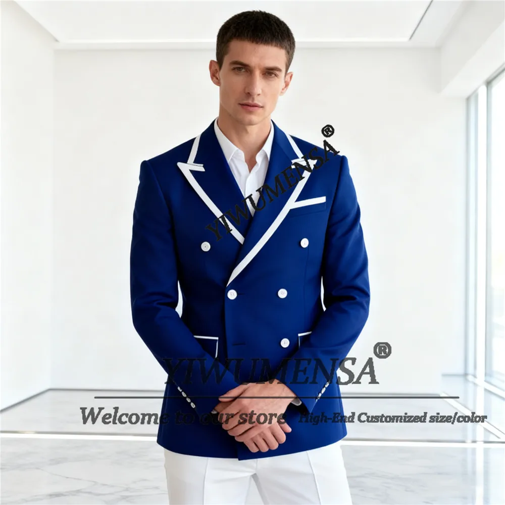 

Classic Spliced Suit Men For Wedding 2 Pieces Double Breasted Jacket Pants Customized Costume Homme White Border Attire Outfits