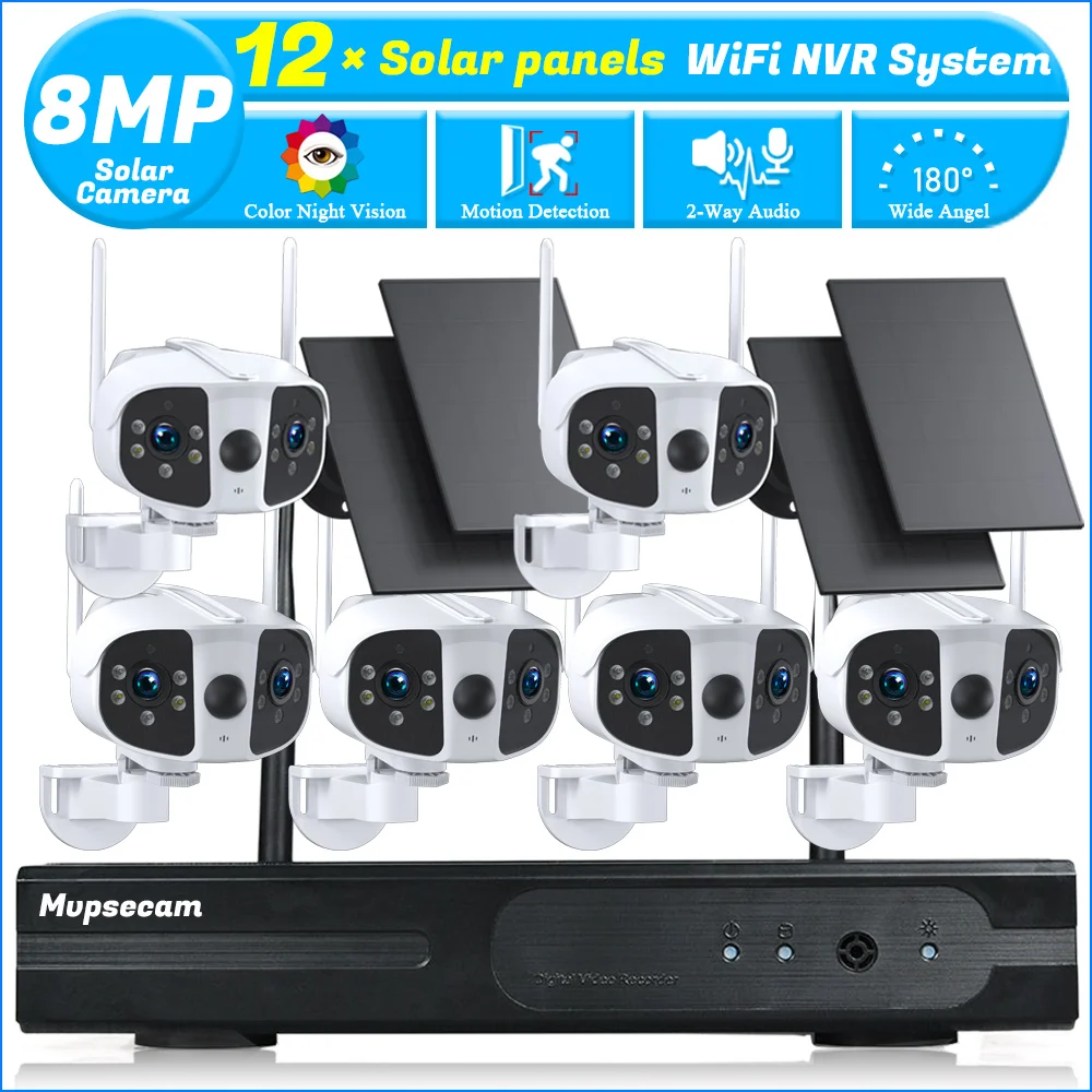 

8MP WiFi Dual Panels Solar Camera System Two Way Audio Dual Lens Outdoor Wireless Camera 10CH NVR Kit Video Surveillance System