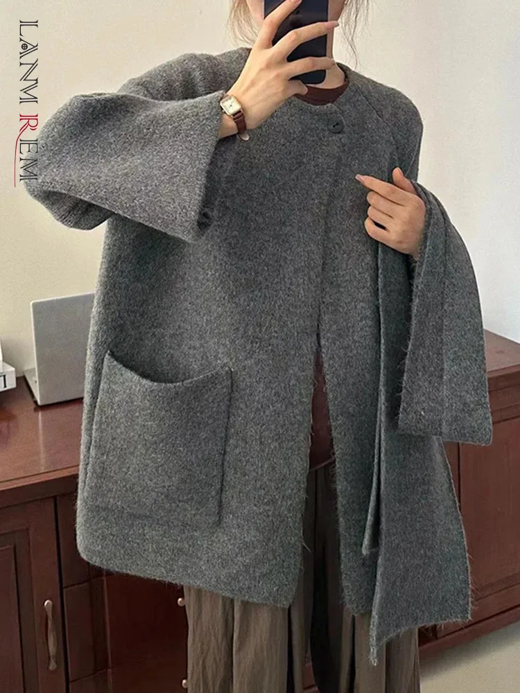 LANMREM Winter Knitted Sweater Coat Women Round Neck With Scarf Pockets Single Button Solid Color Clothing 2023 New 2AA3835