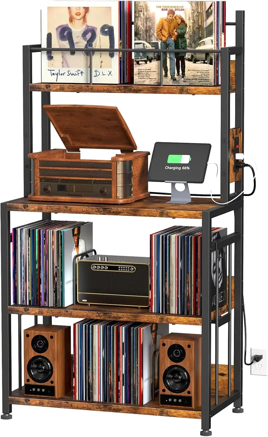

Record Player Stand Holds 300 Vinyls, Turntable Table with Charging Station, 4-Tier Storage for Living Room