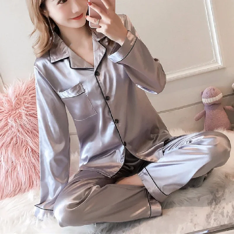 Fashion Women's Pajamas Sleepwear Long Sleeve Pijamas Sexy Nightwear 2 Pieces Home Suit Silk Satin Pyjamas Sets Plus Size 5XL