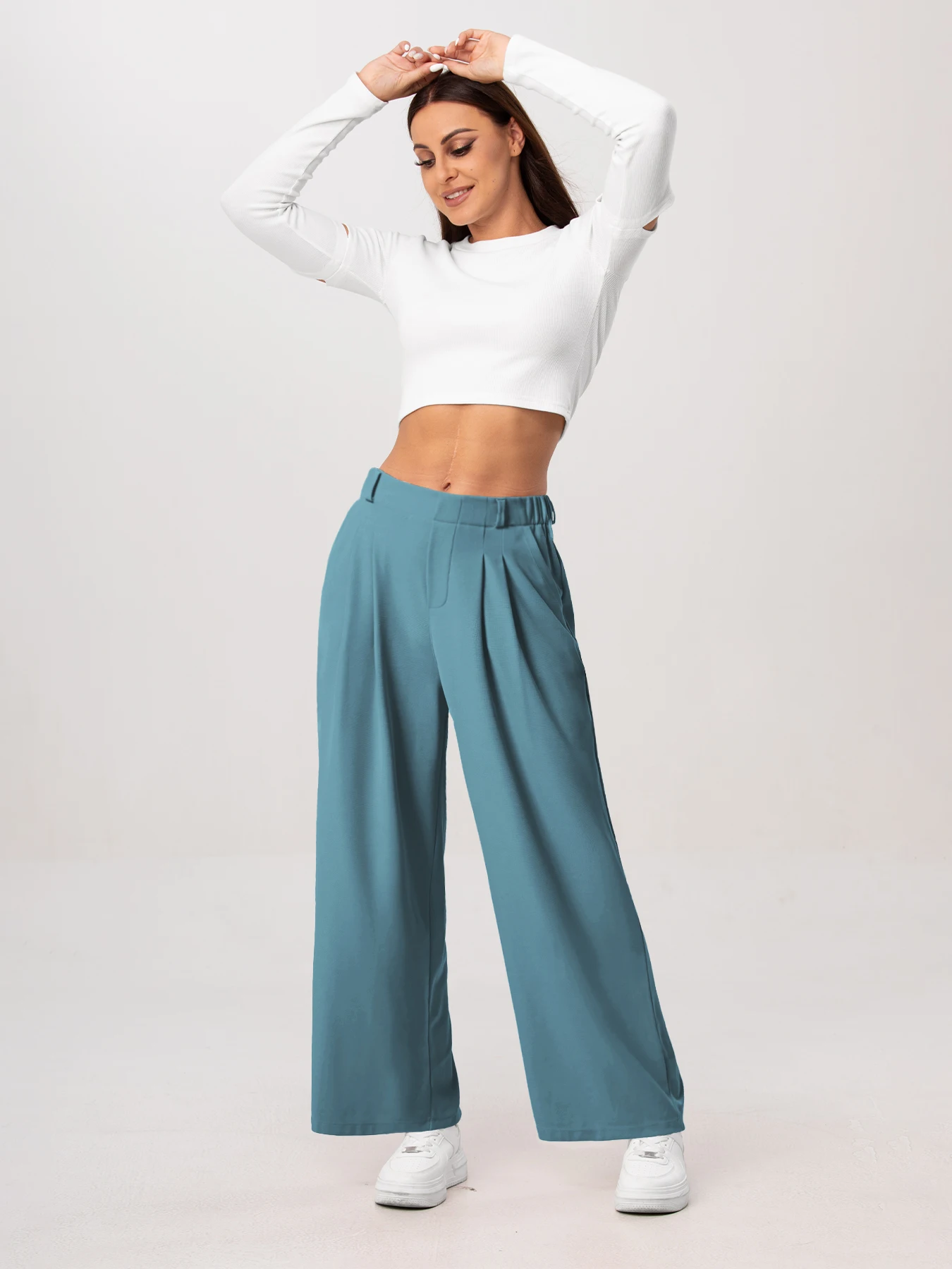 Damenhose, karierte, figurbetonte Hose mit weitem Bein und Taschen, hochtaillierte, lässige, figurbetonte Hose mit weitem Bein für Damen. – Detail 24